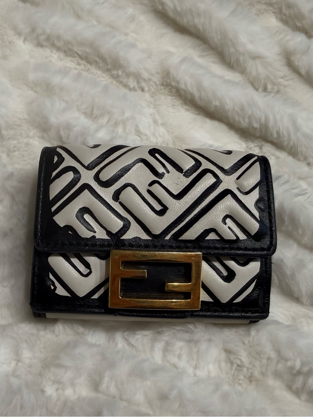 Fendi Black & White Mini Bifold Wallet with Gold Logo